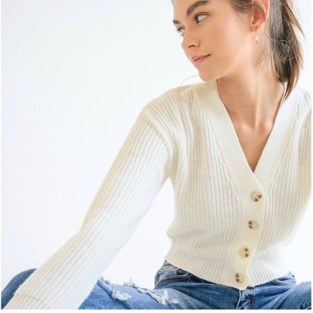 Gap Womens Cream White Ribbed Knit Button Front Cropped Cardigan Sweater S